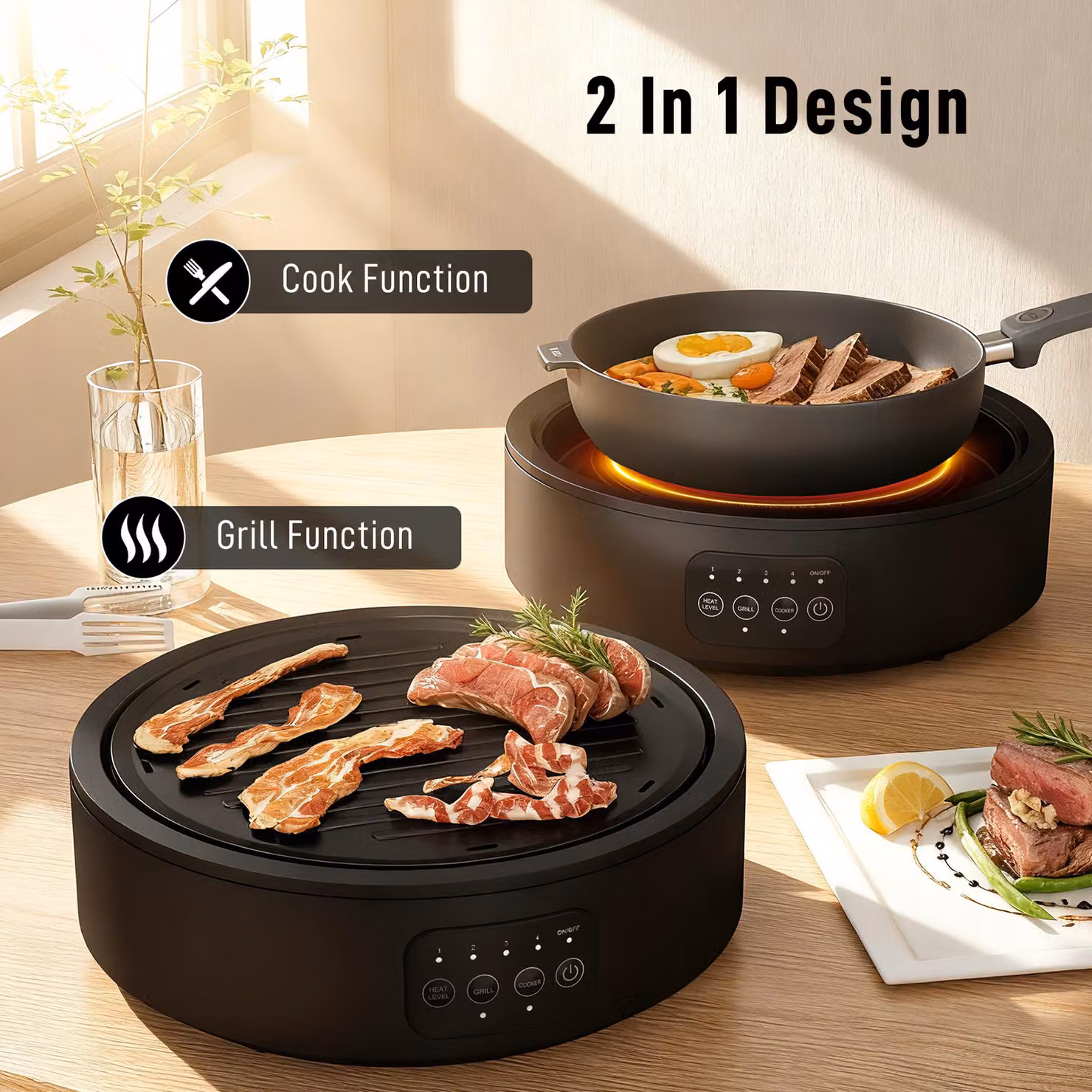 HOMCOM Electric Ceramic Hob with Grill Plate, Black Multifunctional 36cm Plug-in Hob with Digital Display and 4 Heat Levels – 4
