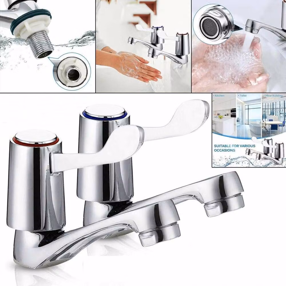 ATEK Pair of Chrome-Plated Brass Bathroom and Kitchen Basin Taps with Quarter Turn Lever Handles in Silver – 5