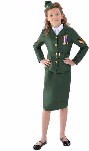 Smiffys Girls World War II Army Costume Set in Khaki Green and Multicolour, Age 7-9 Years