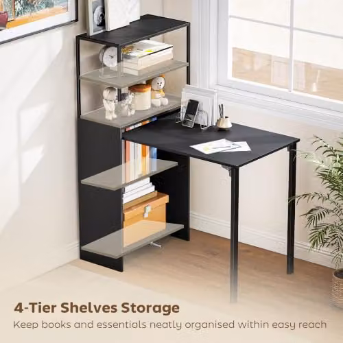 HOMCOM Folding Computer Desk with 4-Tier Bookshelf, Black – 5
