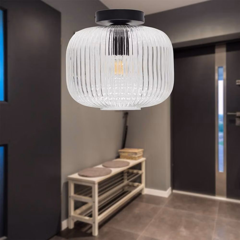 First Choice Lighting Batley Large Set of 2 Black and Transparent Ribbed Glass Ceiling Lights – 3