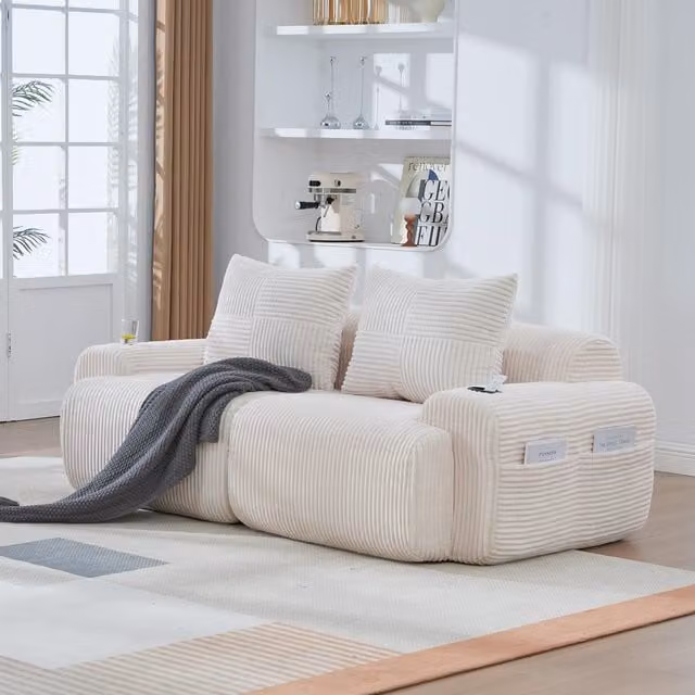 Aosom UK Modular 2-Seater Ribbed Corduroy Sofa with Cup Holder and Side Storage Pocket, Beige, W: 99 cm, D: 200 cm, H: 80 cm – 1