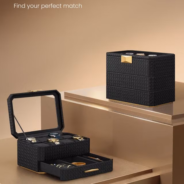 SONGMICS 3-Layer Stackable Watch Box and Jewellery Case, Black