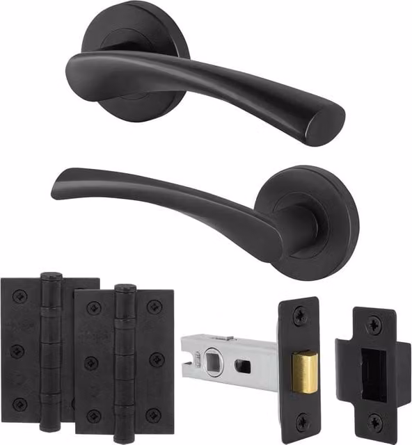 AFIT Matt Black Internal Door Handles with Latch and Hinges, 1 Pair, Rose Size: 15 x 15 cm – 1