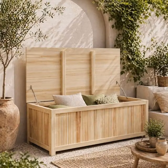 Wyld Haus Mavise Safi Natural Wood Panelled Outdoor Storage Box, Brown, W/D/H: 120 x 55 x 55 cm – 1