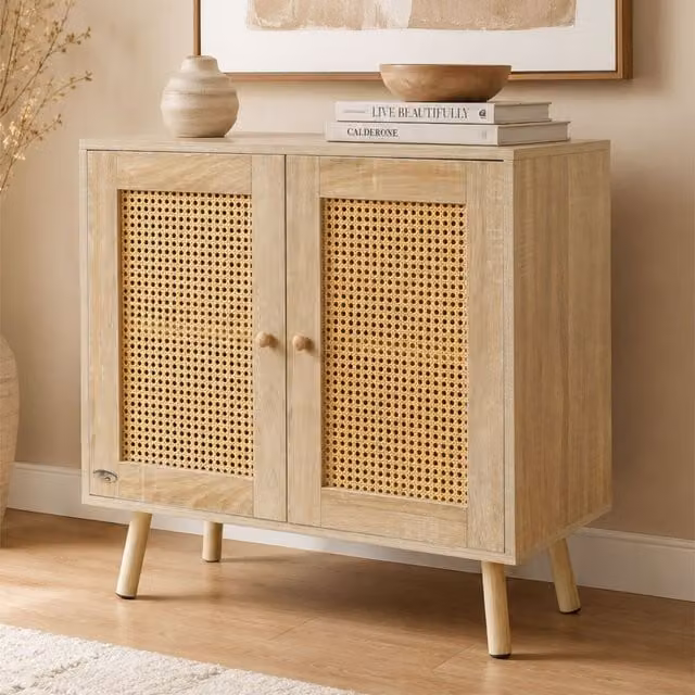 Abrihome Mid-Century Rattan and Wood Sideboard Cabinet in Brown and Beige, Width: 85 cm