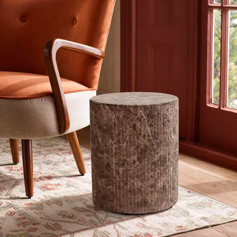 Atkin & Thyme Maru Stool Side Table in Brown Marble Finish