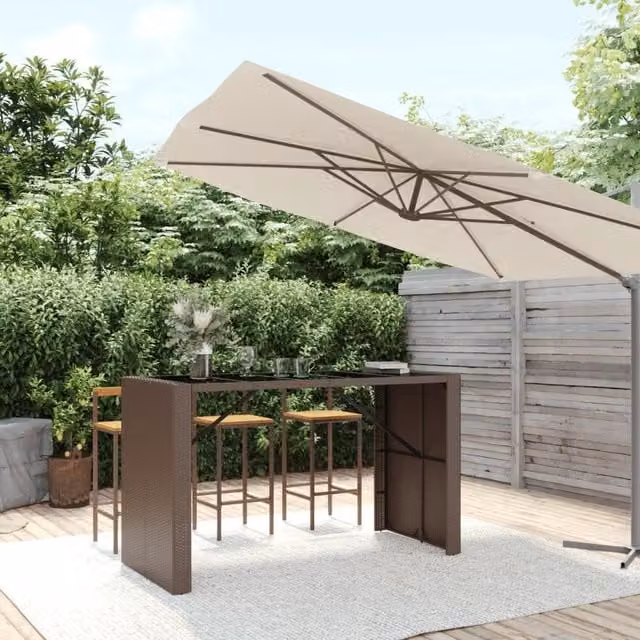 Berkfield Home Bar Table with Glass Top in Brown Poly Rattan, W/D/H: 185 x 80 x 110 cm