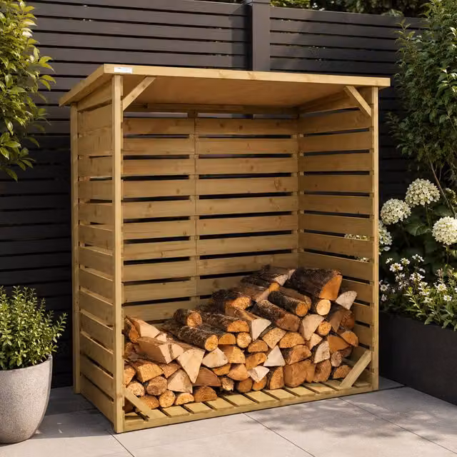 Samuel Alexander Rustic Brown Wooden Outdoor Garden Log Store Shed, W: 123 cm, D: 56 cm, H: 115 cm – 1