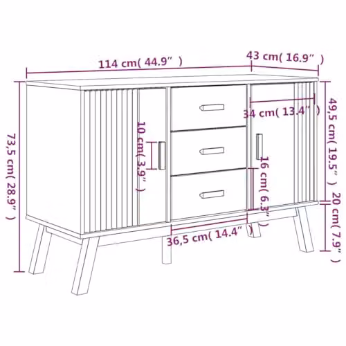 vidaXL OLDEN Sideboard in Brown Waxed Solid Pine, W/D/H: 114 x 43 x 73.5 cm – 3