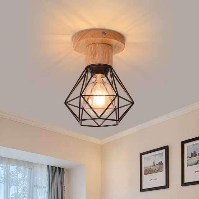 Pheashine Industrial Wood Cage Ceiling Lights, 2 Pack, Black and Wood, E27 – 1