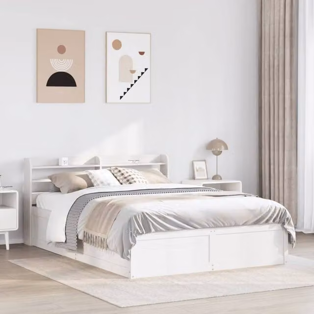 Berkfield Home Sleek Bed Frame with Headboard in White Solid Pine, W/D/H: 140 x 200 cm