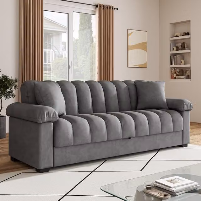 Livingandhome Grey Microfibre Upholstered Sofa Bed with Storage and 2 Scatter Cushions
