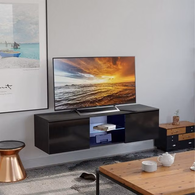 MDA Designs Ara Modern Glossy Black TV Cabinet with LED Lights and Glass, W: 140 cm, D: 40 cm, H: 34 cm