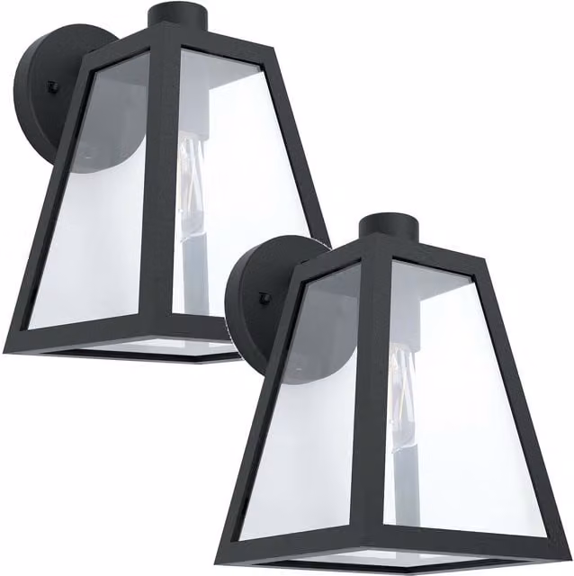 Loops 2 Pack Black Trapeze Outdoor Wall Lanterns, IP44 Aluminium Garden Porch Lights with Transparent Glass, E27 60W – 1
