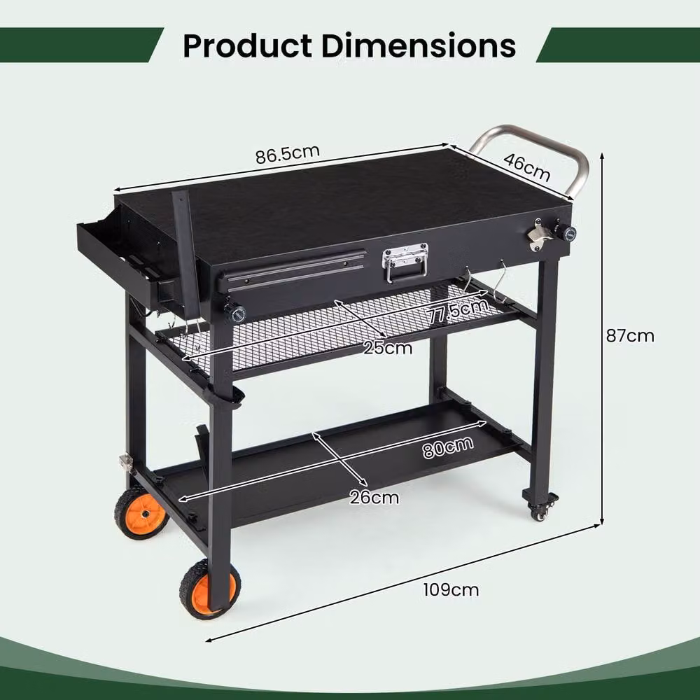Costway 3-Tier Folding Metal Grill Cart with Wheels and Hooks in Black – 2