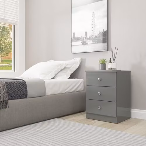 Seconique Denver 3 Drawer Bedside Cabinet in Grey Gloss, W: 36 cm, D: 40 cm, H: 55 cm