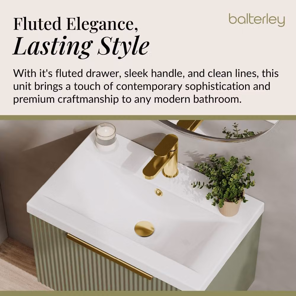 Balterley Fluted Front Wall Hung 1 Drawer Vanity Basin Unit, Satin Green, W: 60 cm – 2