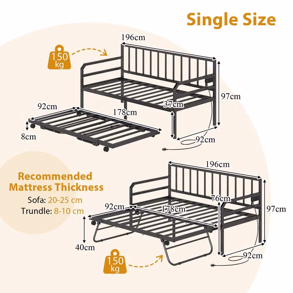 Costway Single Size Metal Daybed in Black with USB Charging Port and LED Under-Bed Lighting, W/D/H: 90 x 200 cm – 2