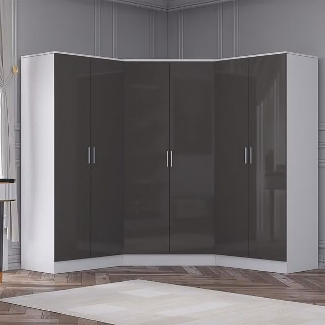 REFLECT Wardrobe Bundle featuring one Corner Unit and two 2-Door Plain Wardrobes in Grey Gloss and Matt White