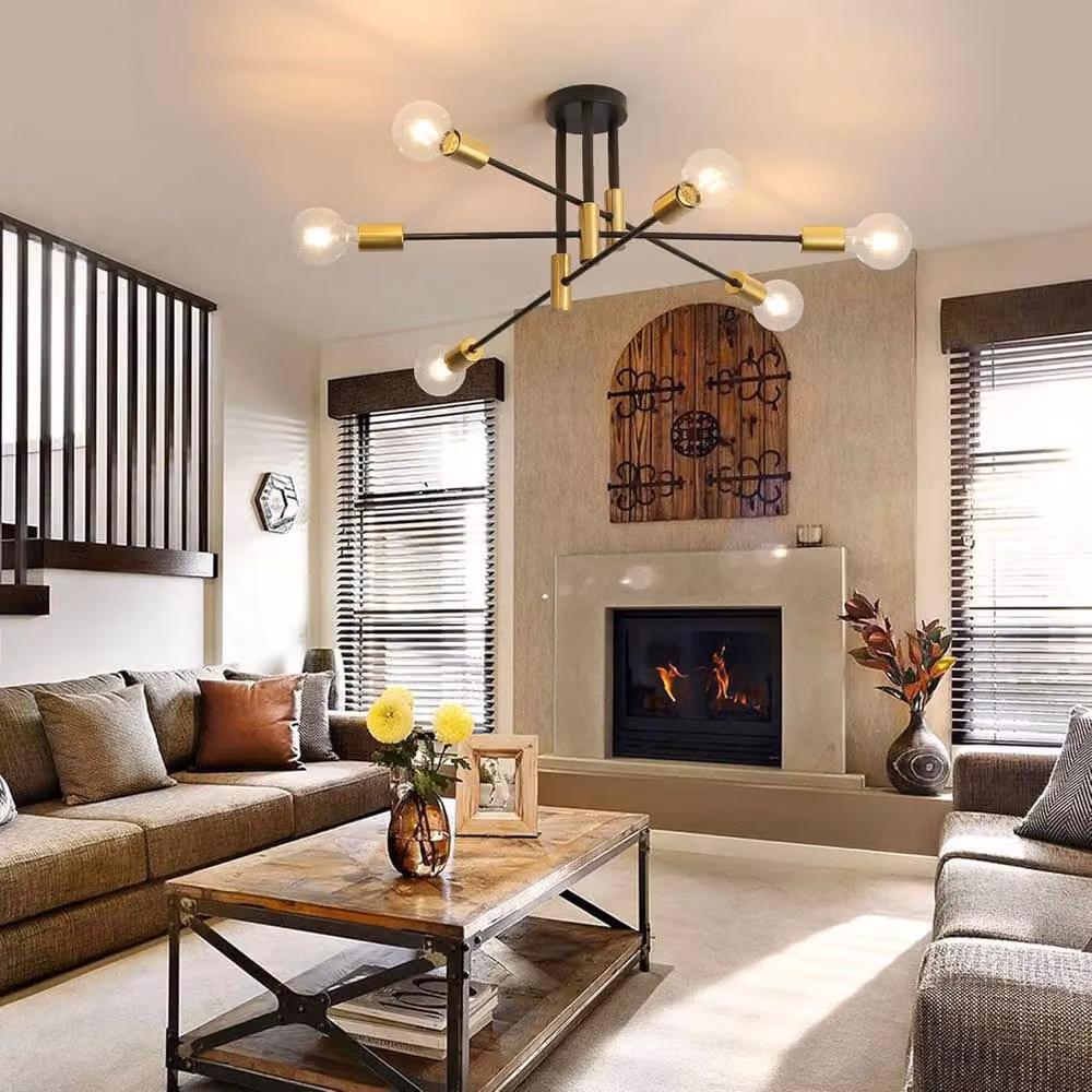 COMELY Sputnik Mid-Century 6-Light Chandelier in Black and Gold/Brass with E27 Globe Bulbs – 2