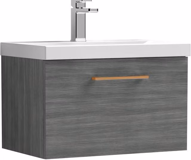 Balterley 600mm Wall Hung 1 Drawer Vanity in Woodgrain Anthracite Grey with Copper Handle – 1
