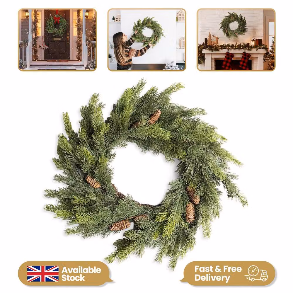 Shatchi Green Fir Christmas Wreath with Pine Cones, Diameter: 60 cm – 2