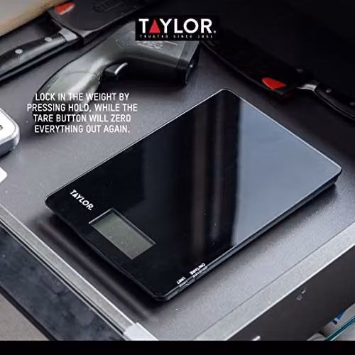 Taylor Digital Kitchen Scales with Tare Function and Unit Conversion, Black Glass, 5 kg Capacity – 6