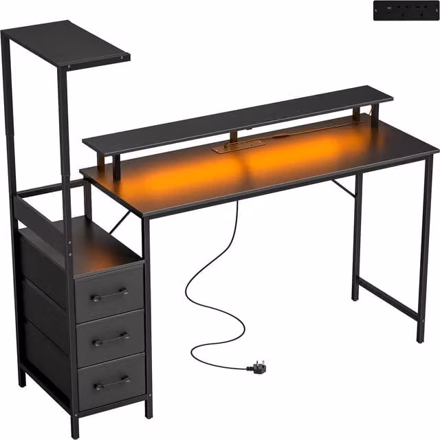 HOMCOM Black Gaming Desk with Charging Station, Monitor Stand and RGB Lights, W: 147 cm
