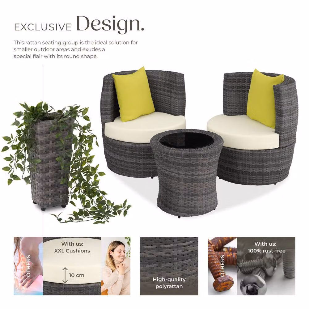 tectake Nizza Grey Aluminum Rattan Seating Set with Upholstered Cushions – 3