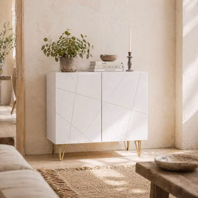 Wyld Haus Diro Modern High Gloss White Sideboard with Geometric Pattern and Gold Hairpin Legs