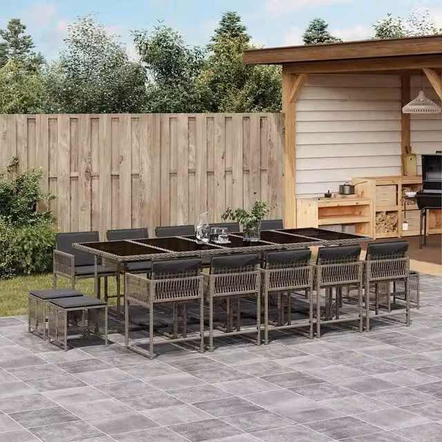 Berkfield Home 15 Piece Grey Poly Rattan Garden Dining Set with Cushions and Glass Tabletop