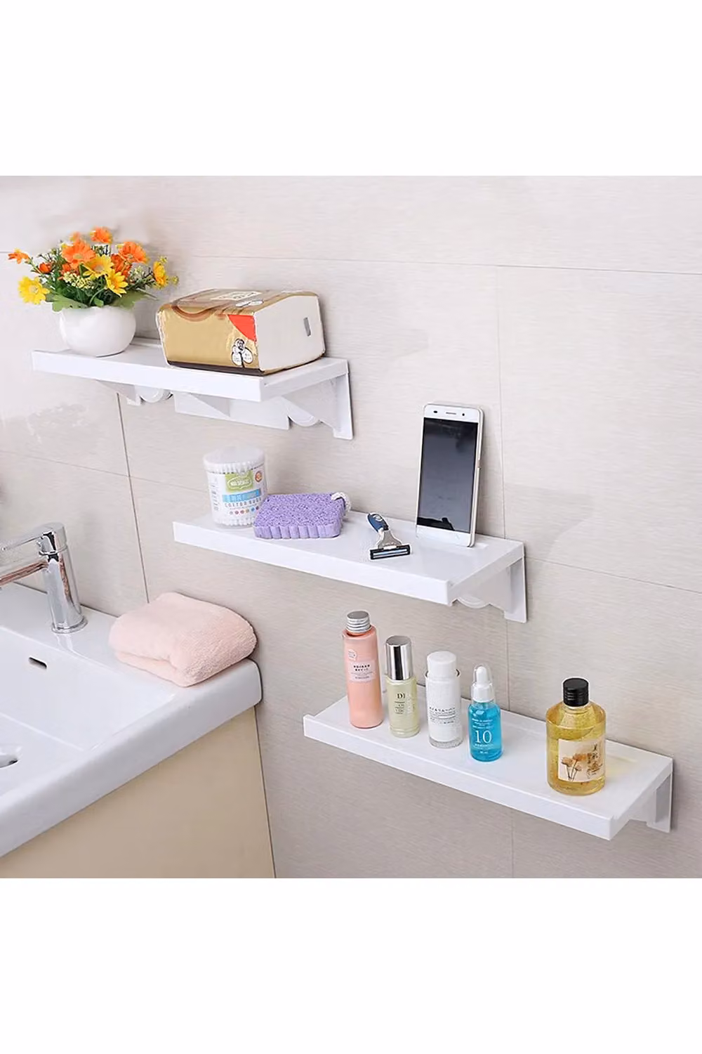 Living and Home White Self-Adhesive Waterproof Plastic Shower Rack with Fixing Groove for Bathroom – 2