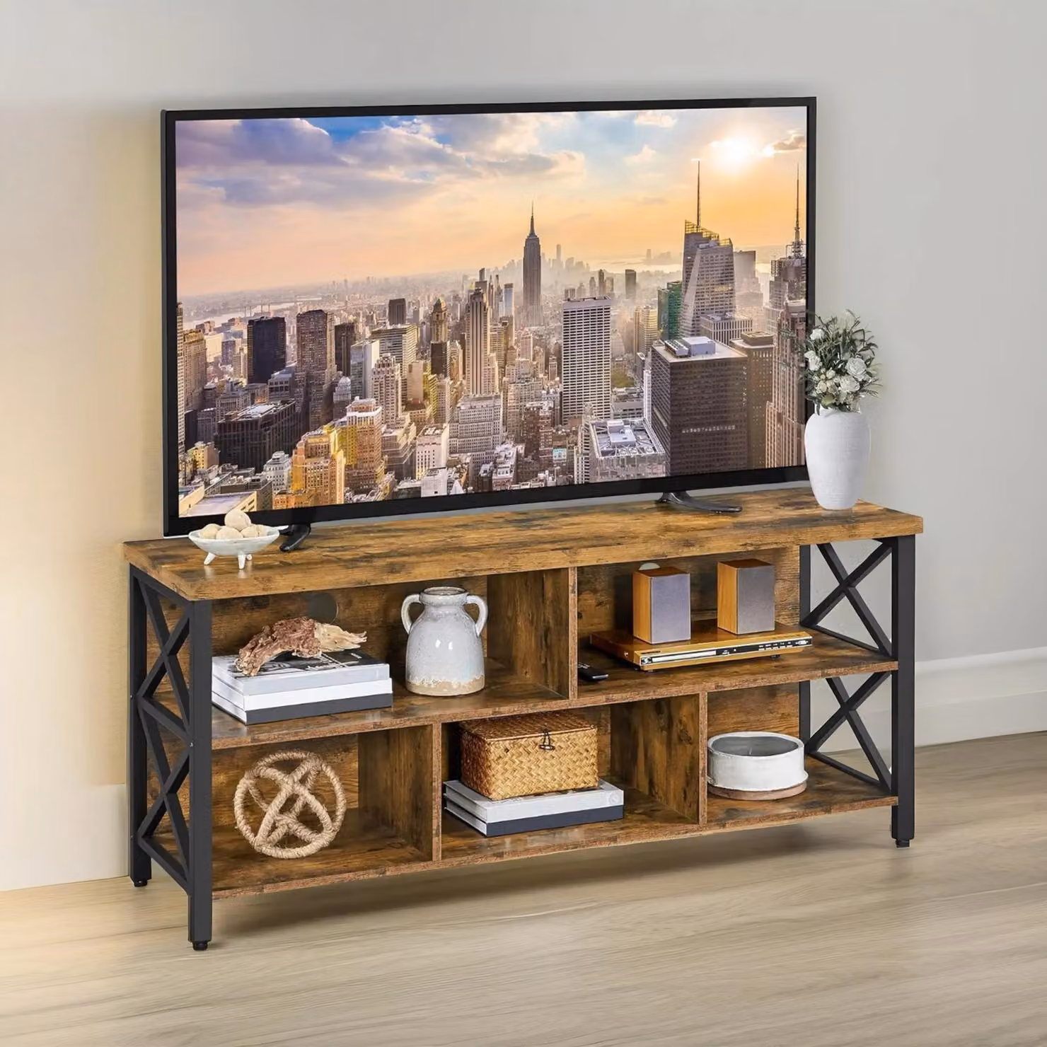Pirlo Plush Industrial Rustic Brown 3 Tier TV Stand Unit with Open Shelves, W: 139.7 cm, D: 40.64 cm – 2