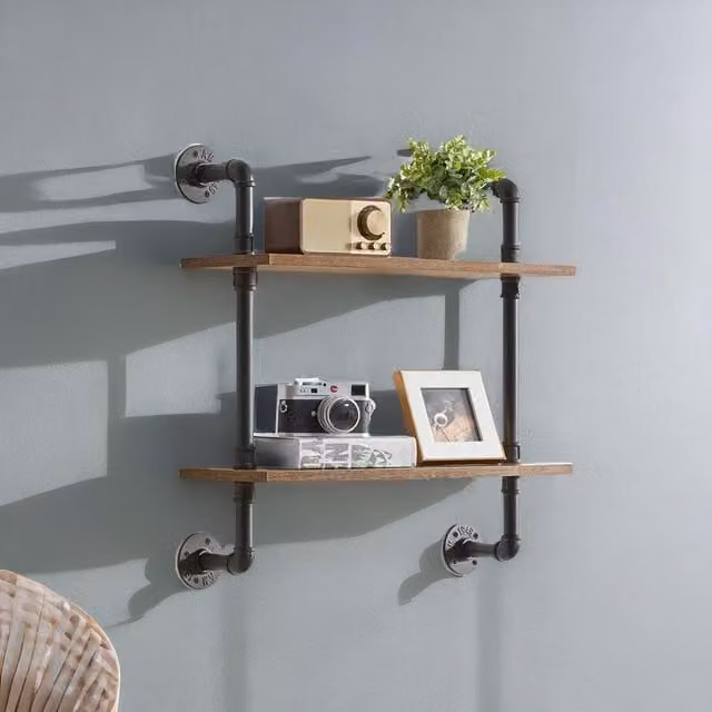 Rafaelo Mobilia Industrial Pipe Wall-Mounted 2 Tier Floating Shelves in Dark Brown and Black, W/D/H: 65.5 x 21.0 x 60.0 cm – 1