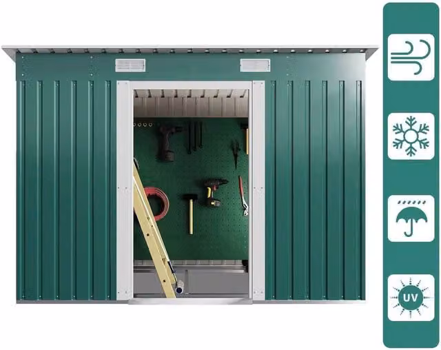 FLAVORA Green Metal Garden Shed with Double Doors and Gable Roof, W/D/H: 243.84 x 121.92 x 182.0 cm – 1