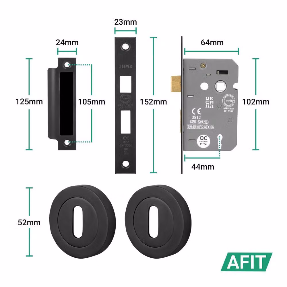 AFIT Matt Black Round Rose Door Handle with Keyed Lock, 64mm Internal Lever, W/D/H: 15.0 x 150.0 x 150.0 cm – 2