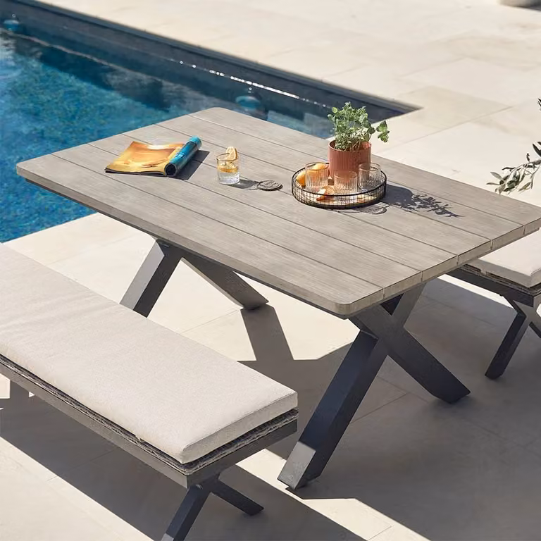 Leisure Grow Gabriela 6 Seat Bench Dining Set in Grey Aluminium Metal