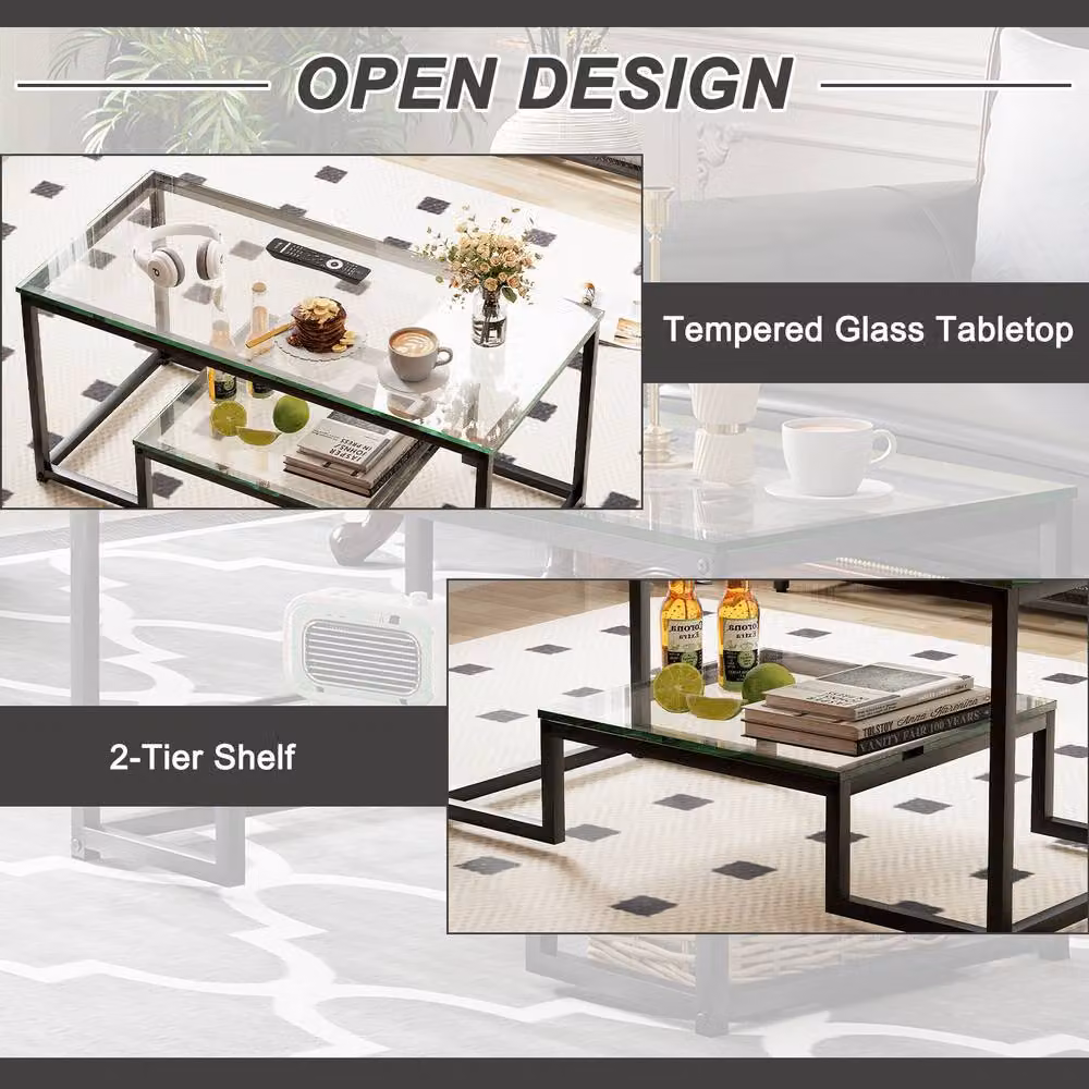 Huhote Modern Rectangular Glass Coffee Table with Black Metal Frame – 6