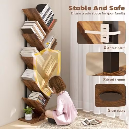 HOMCOM 9-Tier Industrial Corner Tree Bookshelf with Steel Frame and MDF Shelves, Brown – 4