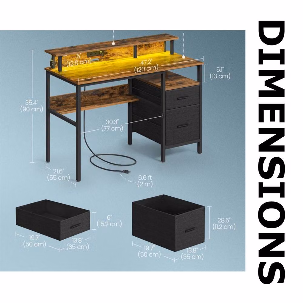 Pirlo Plush Industrial Computer Desk with USB Outlets and LED Lights, Brown, Width: 120 cm – 5