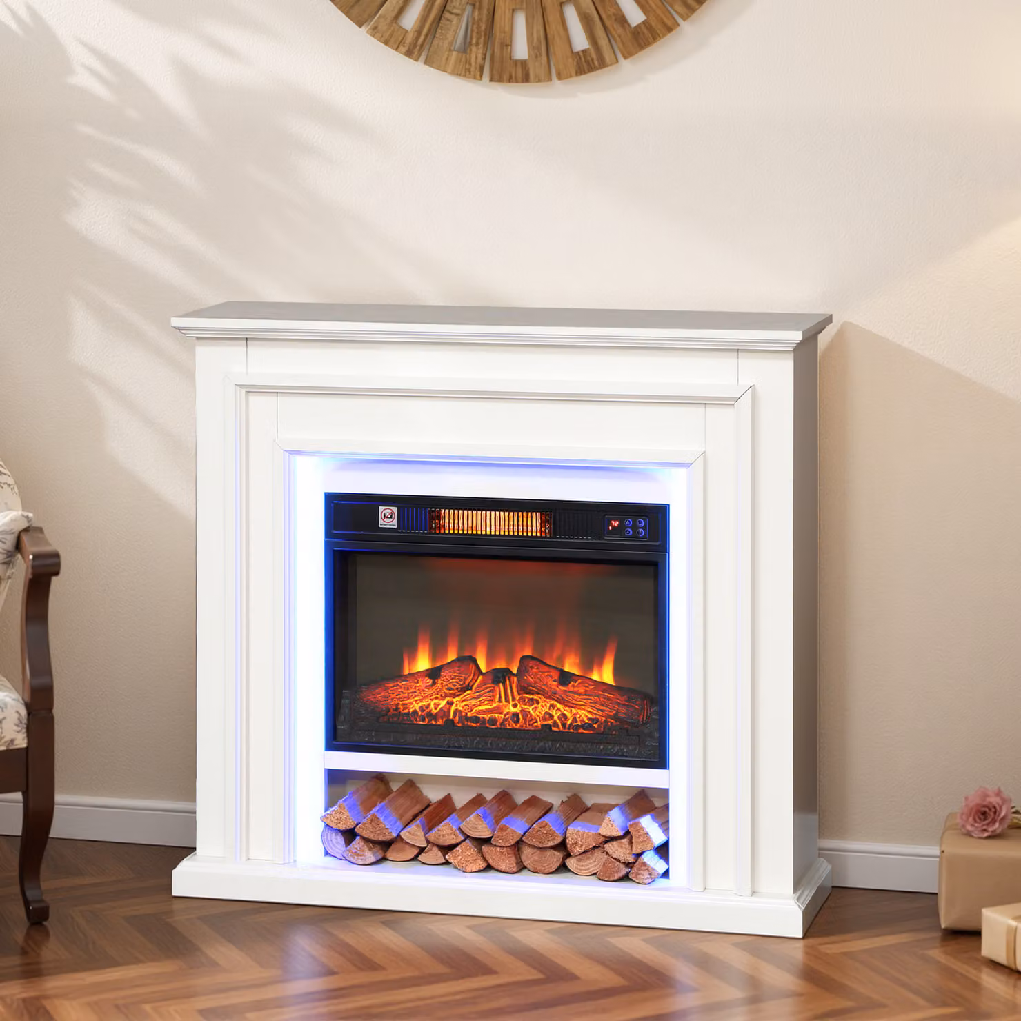 HOMCOM White Inset Electric Fireplace with RGB LED Lights, Realistic Flame Effect, 1800W, Remote and Timer – 2