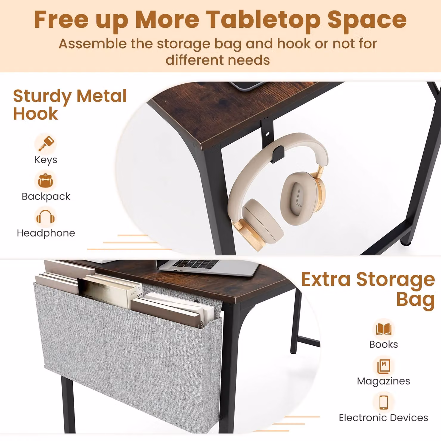 Costway Industrial Computer Desk with Charging Station in Brown – 2