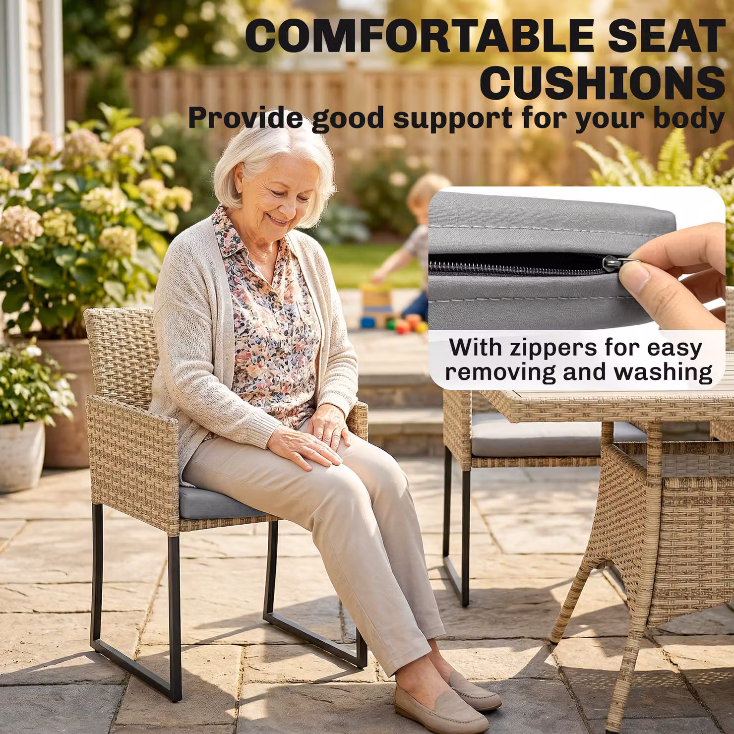 Outsunny 7 Piece Rattan Garden Dining Set with Wood-Plastic Table and 6 Chairs in Grey – 5