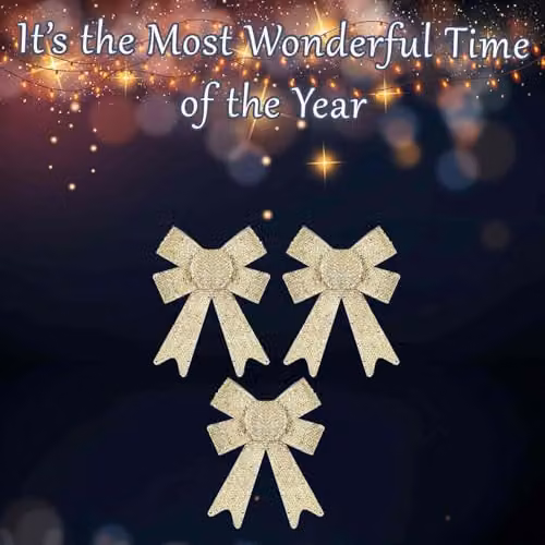 VFM e-Store Tinsel Bows Christmas Decorations in Gold and Beige, Pack of 3, W/D/H: 10 x 13 x 3 cm – 3