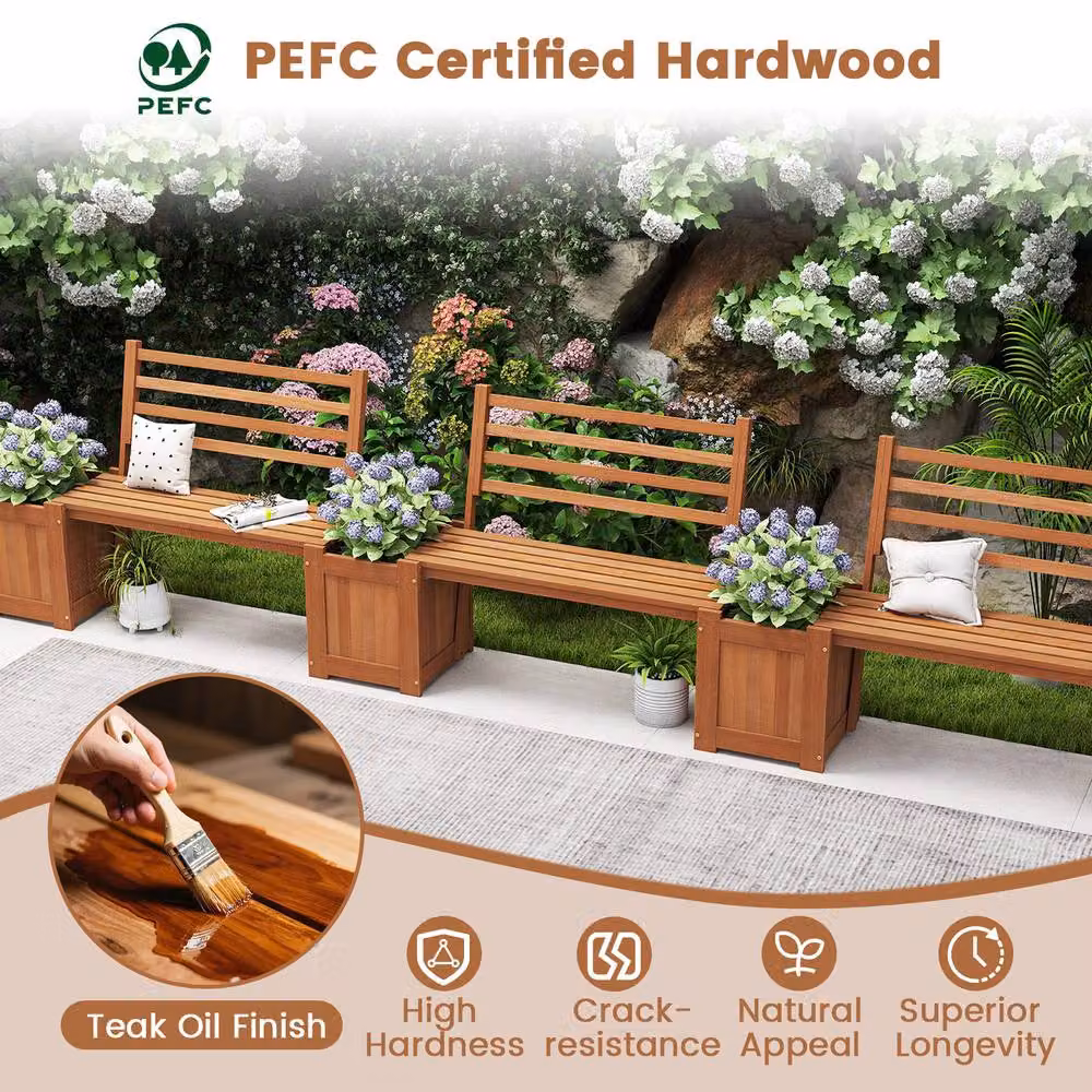 Costway Wood Outdoor Planter Box with Bench Seat and Backrest in Natural Brown – 7
