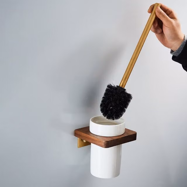 Nes Home Luxury Ceramic Toilet Brush and Holder Set in White with Gold and Walnut Wood Details
