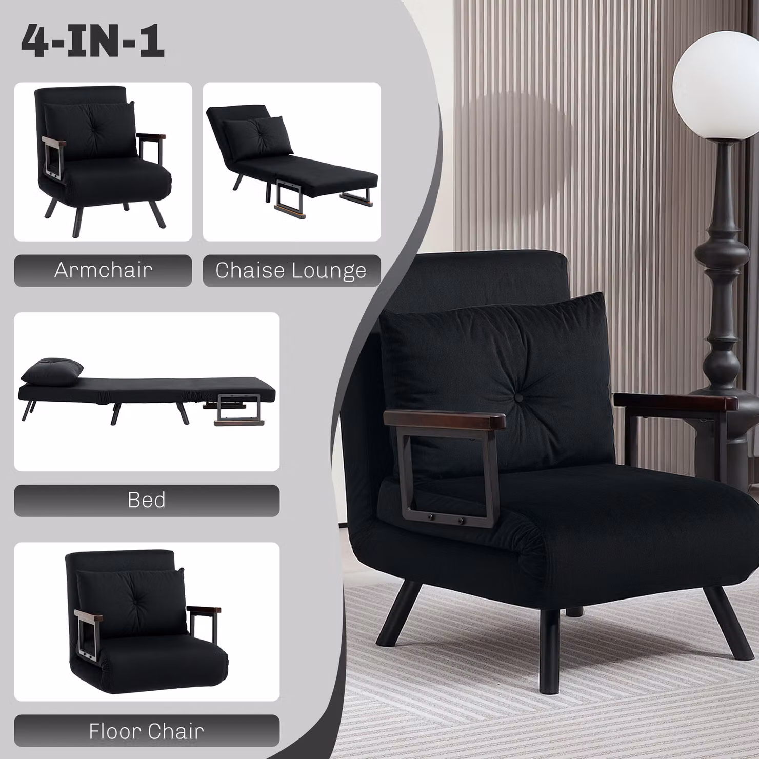 HOMCOM 4-in-1 Black Velvet Single Chair Bed with Pillow and Metal Frame – 4