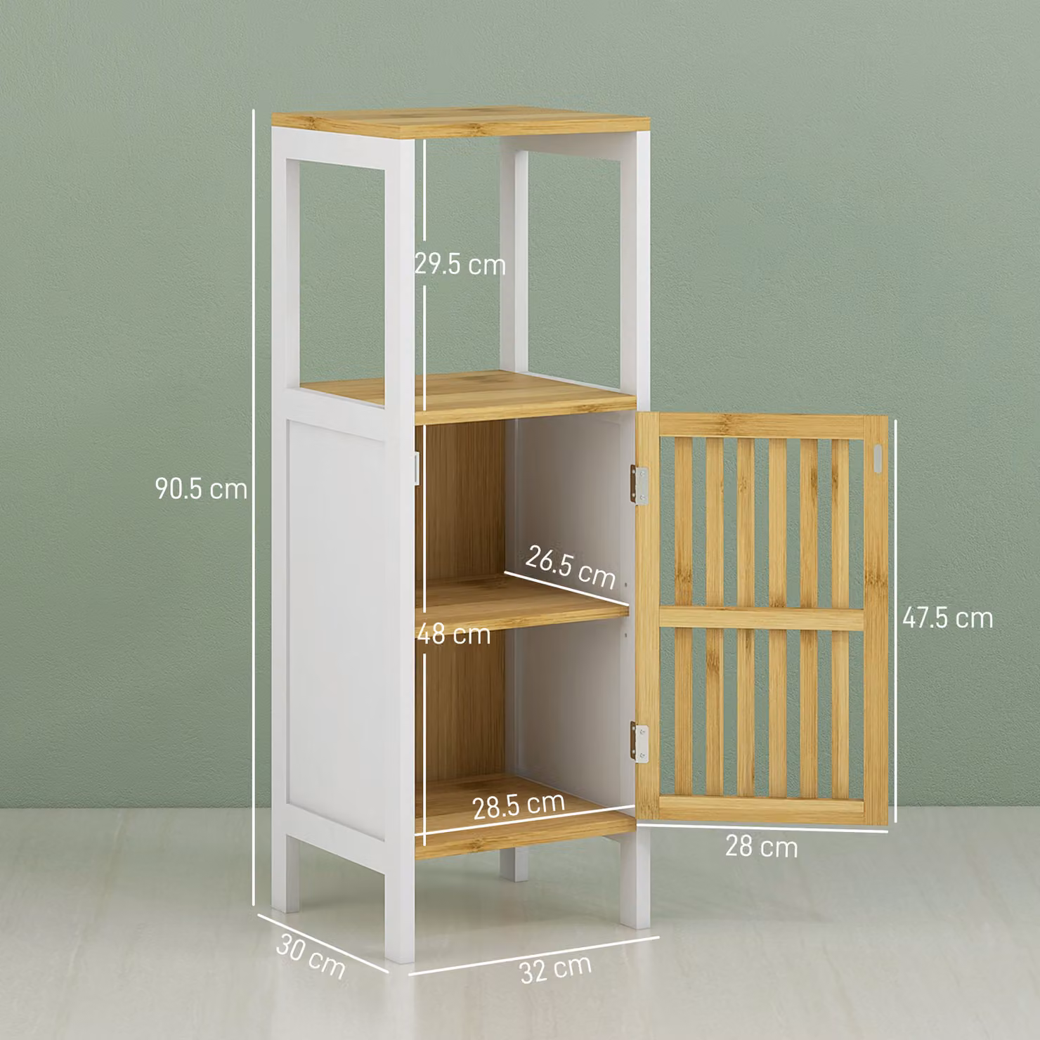 HOMCOM Retro Bamboo-Blend White Bathroom Storage Unit with Cupboard and Internal Shelves, H 90.5 x W 32.0 x D 7.3 cm – 2