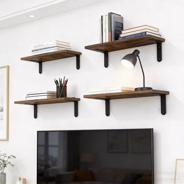 VOGREX 4-Piece Brown Wooden Floating Shelves, Wall Mounted Minimalist Display Storage Decor – 1